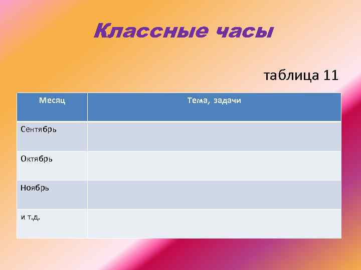 Классные часы таблица 11 Месяц Сентябрь Октябрь Ноябрь и т. д. Тема, задачи 