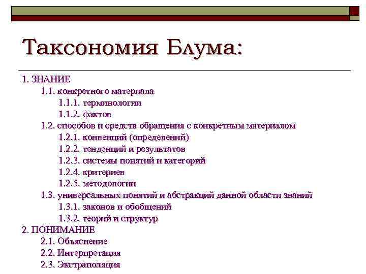 Таксономия Блума: 1. ЗНАНИЕ 1. 1. конкретного материала 1. 1. 1. терминологии 1. 1.