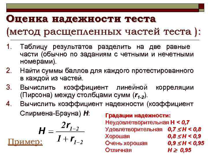 Тест глава. Методики расчета надежности теста. Методы оценки надежности теста. Коэффициент надежности теста. Оценка валидности и надежности.