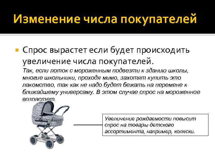 Изменение числа покупателей Спрос вырастет если будет происходить увеличение числа покупателей. Так, если лоток