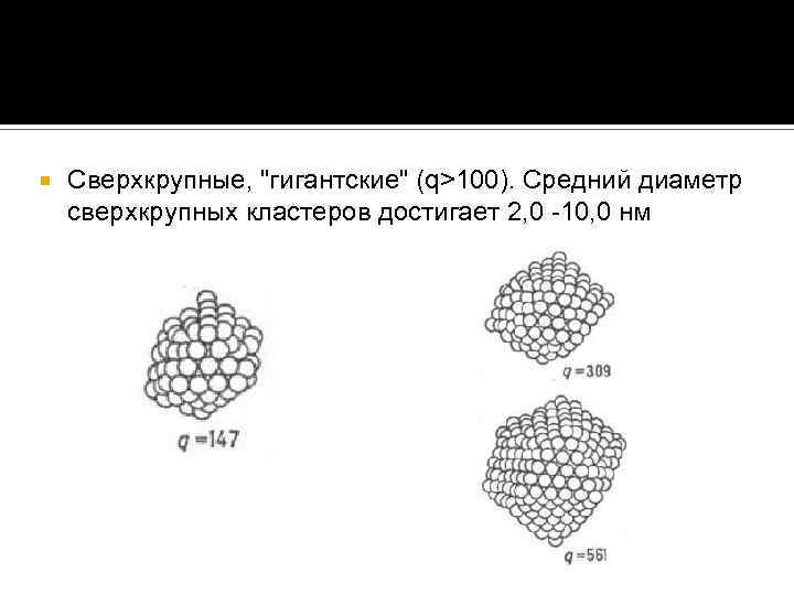  Сверхкрупные, "гигантские" (q>100). Средний диаметр сверхкрупных кластеров достигает 2, 0 -10, 0 нм