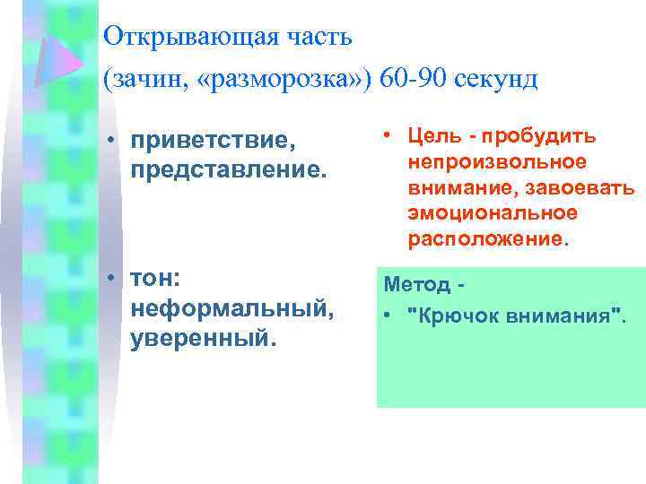 Открывающая часть (зачин, «разморозка» ) 60 -90 секунд • приветствие, представление. • Цель -