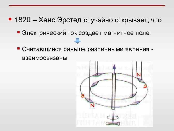 § 1820 – Ханс Эрстед случайно открывает, что § Электрический ток создает магнитное поле