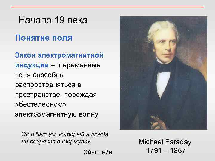 Начало 19 века Понятие поля Закон электромагнитной индукции – переменные поля способны распространяться в