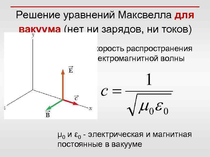 Решение уравнений Максвелла для вакуума (нет ни зарядов, ни токов) Скорость распространения электромагнитной волны
