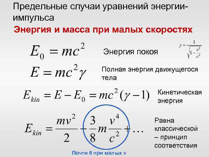 Предельные случаи уравнений энергииимпульса Энергия и масса при малых скоростях Энергия покоя Полная энергия