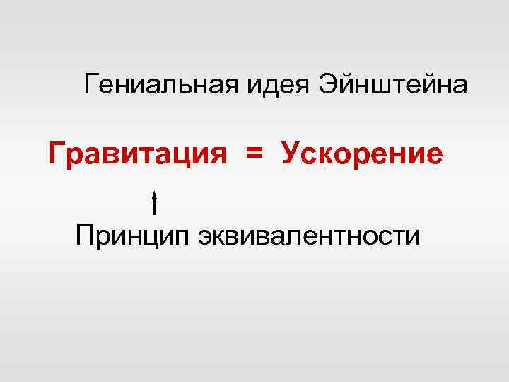 Гениальная идея Эйнштейна Гравитация = Ускорение Принцип эквивалентности 