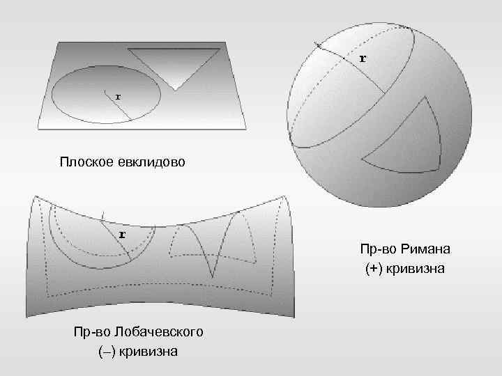 Плоское евклидово Пр-во Римана (+) кривизна Пр-во Лобачевского (–) кривизна 