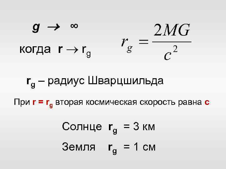 g ∞ когда r rg rg – радиус Шварцшильда При r = rg вторая