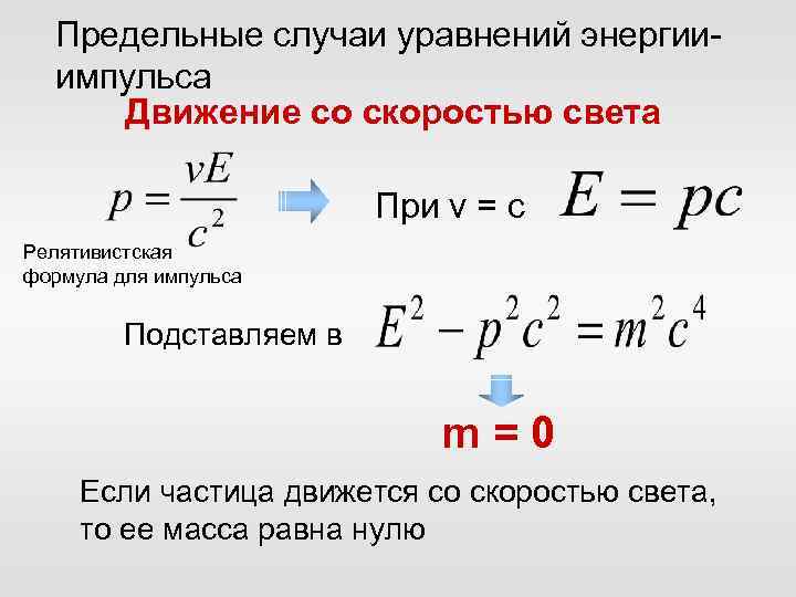 Предельные случаи уравнений энергииимпульса Движение со скоростью света При v = c Релятивистская формула