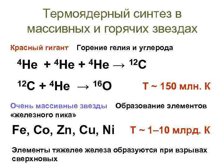 Термоядерный синтез в массивных и горячих звездах Красный гигант 4 Не 12 С Горение