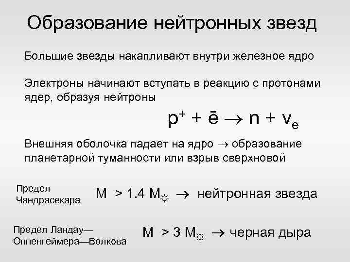 Образование нейтронных звезд Большие звезды накапливают внутри железное ядро Электроны начинают вступать в реакцию
