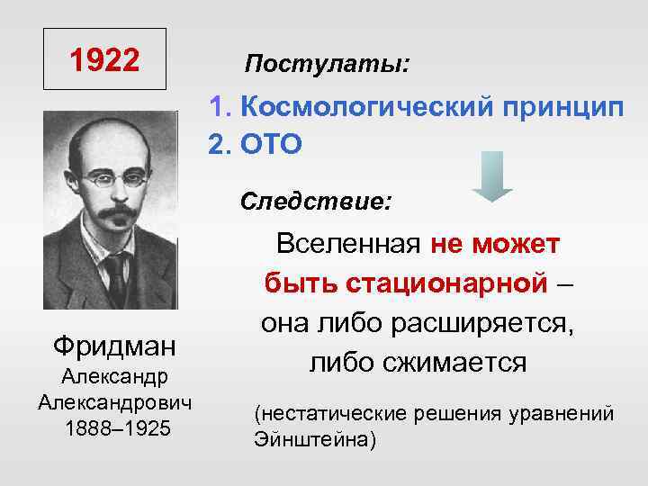 1922 Постулаты: 1. Космологический принцип 2. ОТО Следствие: Фридман Александрович 1888– 1925 Вселенная не