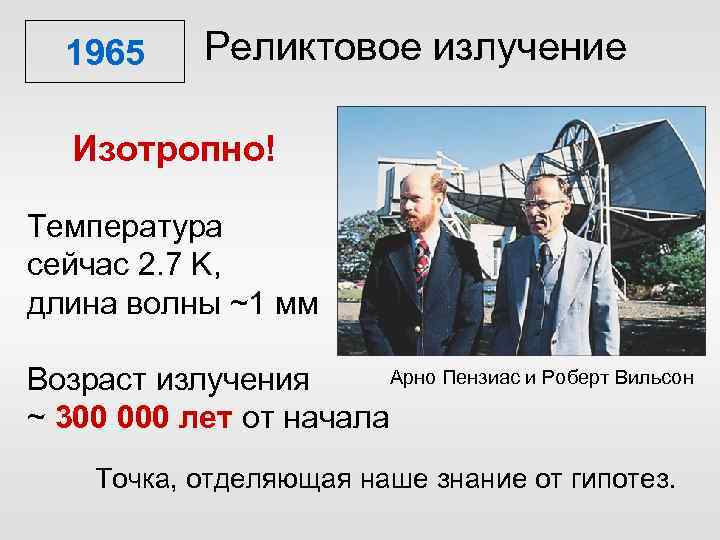 1965 Реликтовое излучение Изотропно! Температура сейчас 2. 7 K, длина волны ~1 мм Арно
