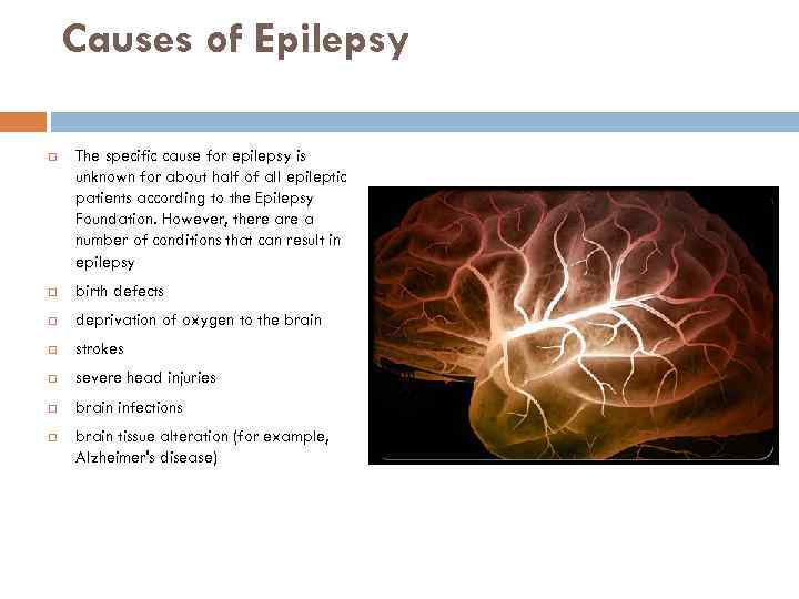 Causes of Epilepsy The specific cause for epilepsy is unknown for about half of