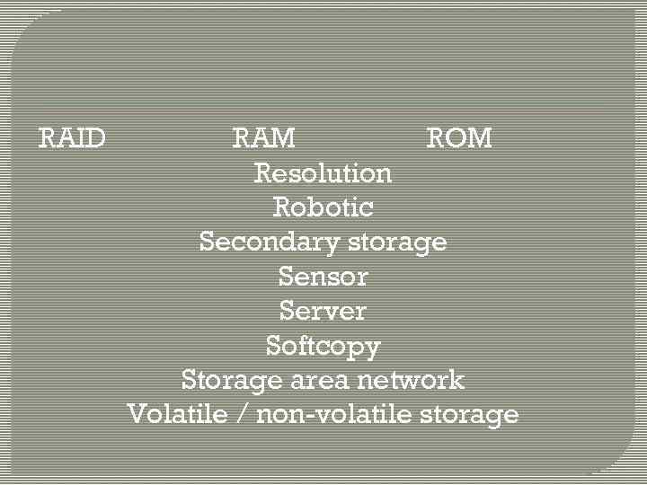 RAID RAM ROM Resolution Robotic Secondary storage Sensor Server Softcopy Storage area network Volatile