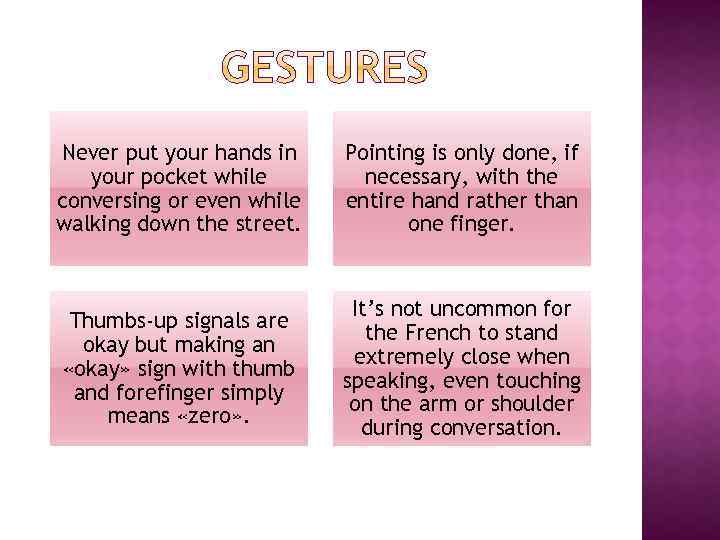 Never put your hands in your pocket while conversing or even while walking down