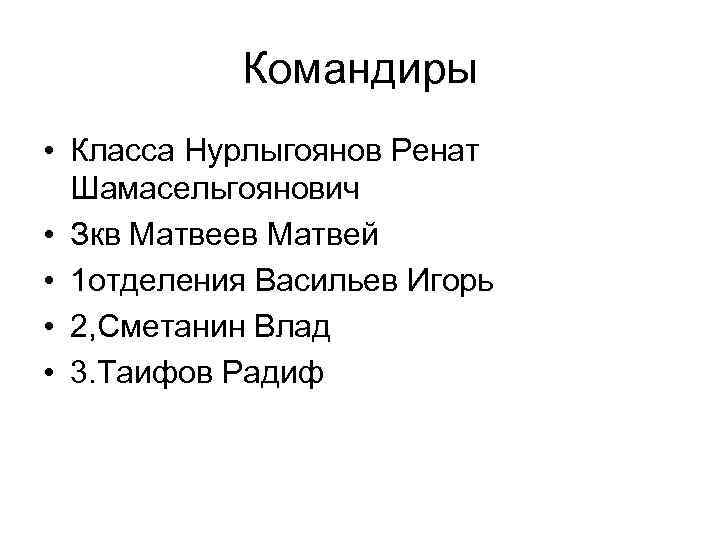 Командиры • Класса Нурлыгоянов Ренат Шамасельгоянович • Зкв Матвеев Матвей • 1 отделения Васильев