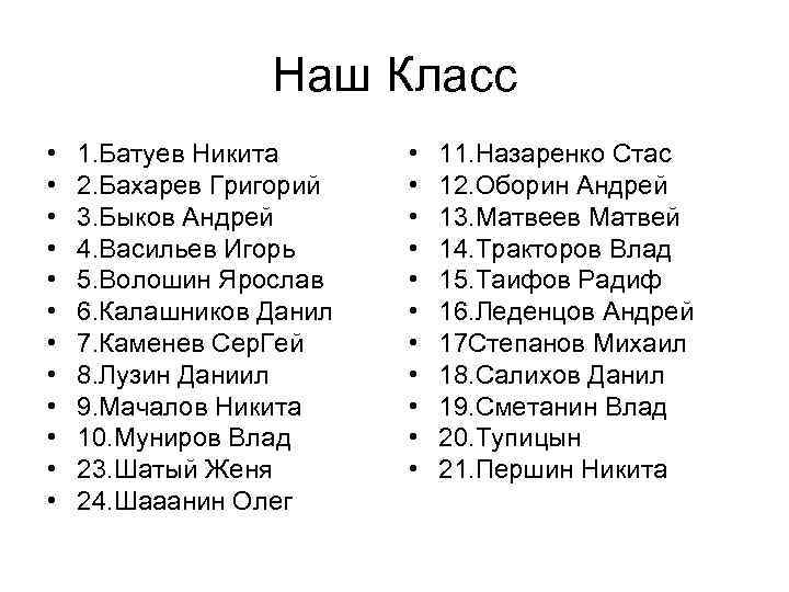 Наш Класс • • • 1. Батуев Никита 2. Бахарев Григорий 3. Быков Андрей