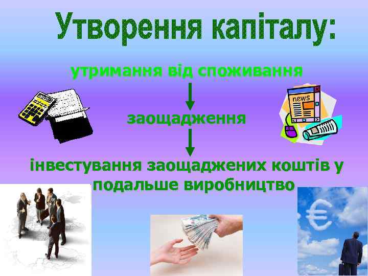 утримання від споживання заощадження інвестування заощаджених коштів у подальше виробництво 