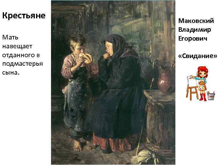 Крестьяне Мать навещает отданного в подмастерья сына. Маковский Владимир Егорович «Свидание» 