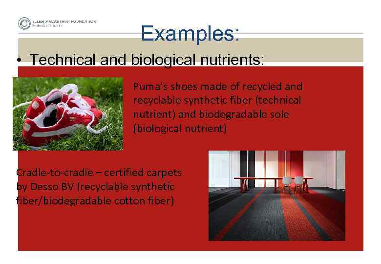 Examples: • Technical and biological nutrients: Puma’s shoes made of recycled and recyclable synthetic