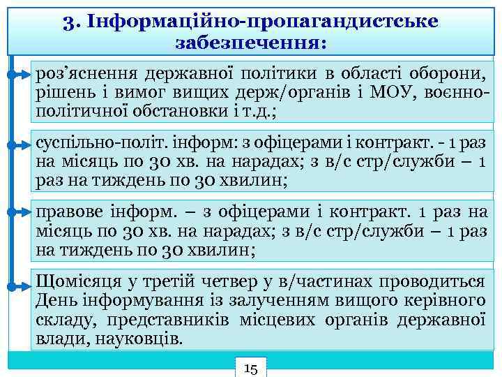 3. Інформаційно-пропагандистське забезпечення: роз’яснення державної політики в області оборони, рішень і вимог вищих держ/органів