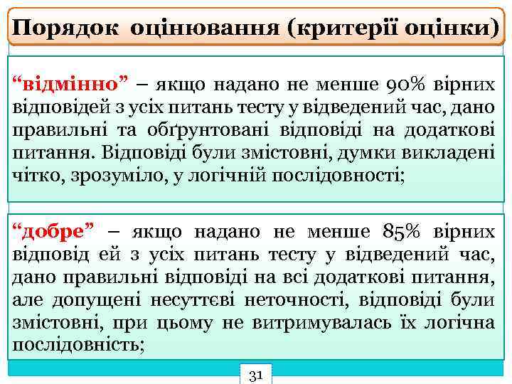 Порядок оцінювання (критерії оцінки) “відмінно” – якщо надано не менше 90% вірних відповідей з
