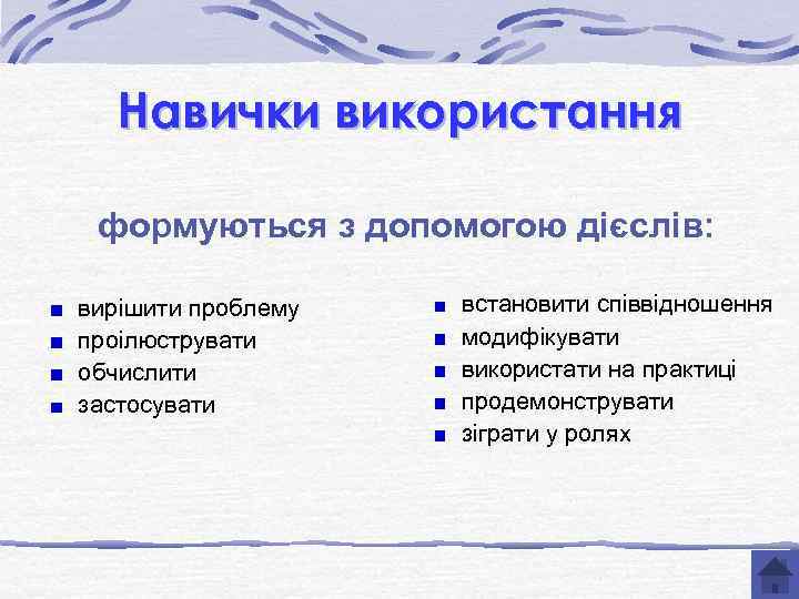 Навички використання формуються з допомогою дієслів: вирішити проблему проілюструвати обчислити застосувати встановити співвідношення модифікувати