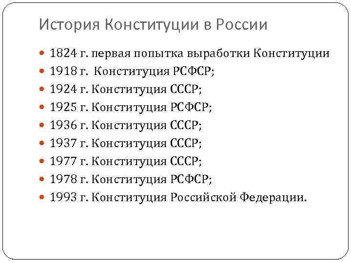 История Конституции в России 1824 г. первая попытка выработки Конституции 1918 г. Конституция РСФСР;