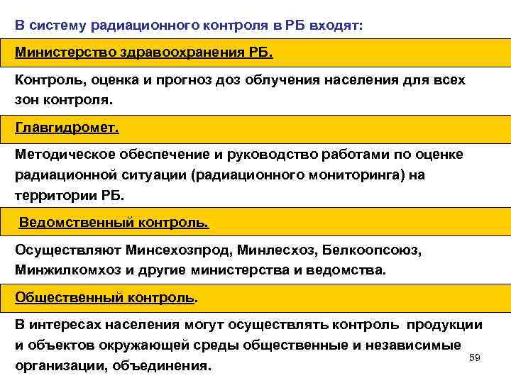 В систему радиационного контроля в РБ входят: Министерство здравоохранения РБ. Контроль, оценка и прогноз