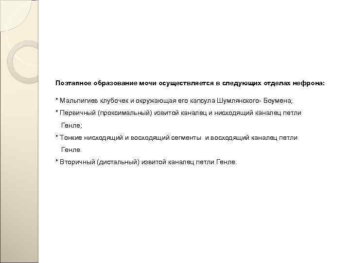 Поэтапное образование мочи осуществляется в следующих отделах нефрона: * Мальпигиев клубочек и окружающая его