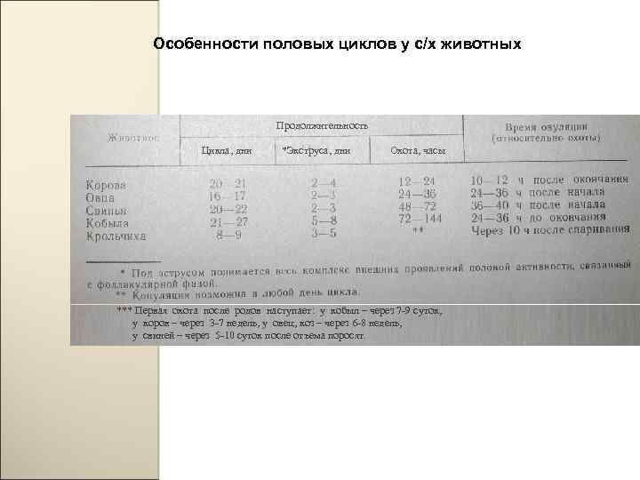 Особенности половых циклов у с/х животных Продолжительность Цикла, дни *Экструса, дни Охота, часы ***