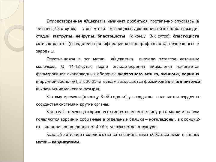 Оплодотворенная яйцеклетка начинает дробиться, постепенно опускаясь (в течение 2 -3 -х суток) в рог