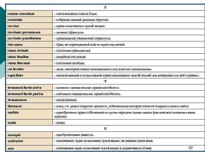 S senatus consultum - постановления сената Рима. sententiae - собрание мнений римских юристов. servitus