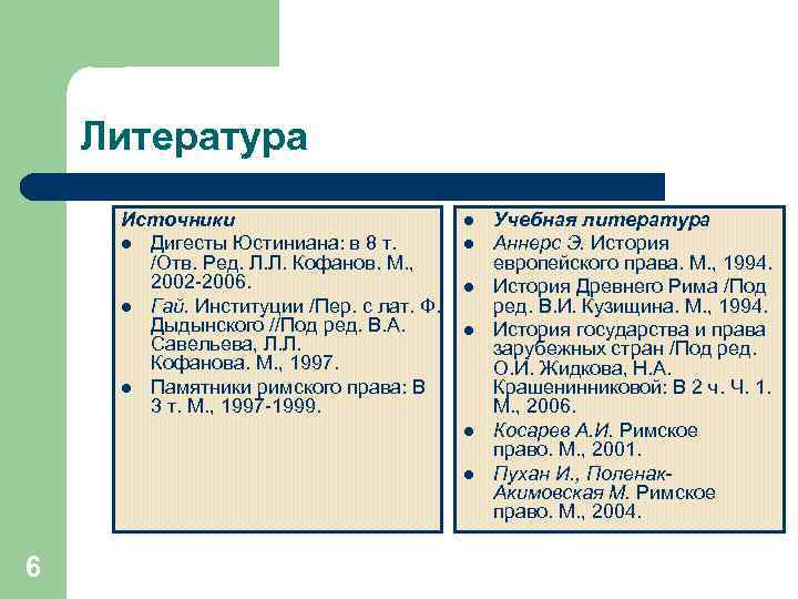 Литература Источники l Дигесты Юстиниана: в 8 т. /Отв. Ред. Л. Л. Кофанов. М.