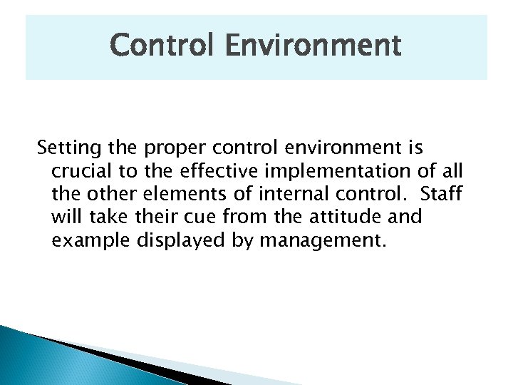 Control Environment Setting the proper control environment is crucial to the effective implementation of