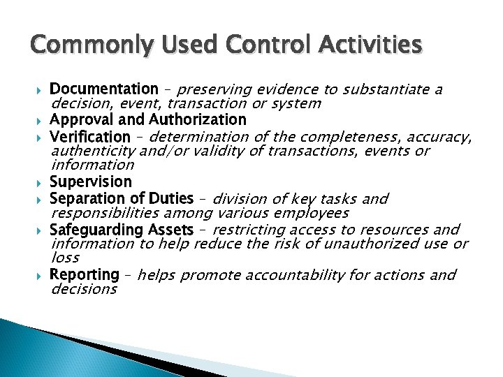 Commonly Used Control Activities Documentation – preserving evidence to substantiate a decision, event, transaction