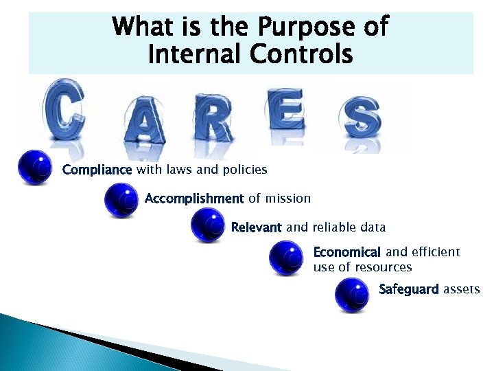 What is the Purpose of Internal Controls Compliance with laws and policies Accomplishment of