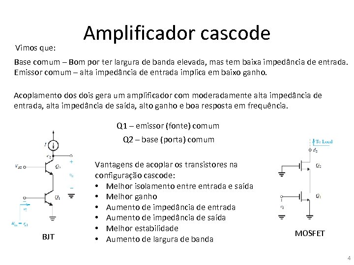 Vimos que: Amplificador cascode Base comum – Bom por ter largura de banda elevada,