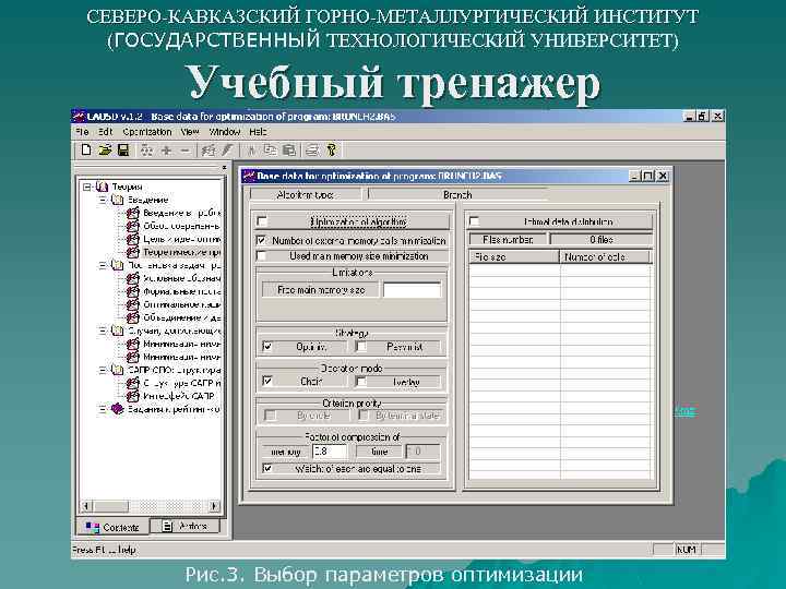 СЕВЕРО-КАВКАЗСКИЙ ГОРНО-МЕТАЛЛУРГИЧЕСКИЙ ИНСТИТУТ (ГОСУДАРСТВЕННЫЙ ТЕХНОЛОГИЧЕСКИЙ УНИВЕРСИТЕТ) Учебный тренажер Рис. 3. Выбор параметров оптимизации 