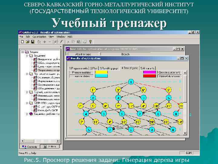 СЕВЕРО-КАВКАЗСКИЙ ГОРНО-МЕТАЛЛУРГИЧЕСКИЙ ИНСТИТУТ (ГОСУДАРСТВЕННЫЙ ТЕХНОЛОГИЧЕСКИЙ УНИВЕРСИТЕТ) Учебный тренажер Рис. 5. Просмотр решения задачи. Генерация