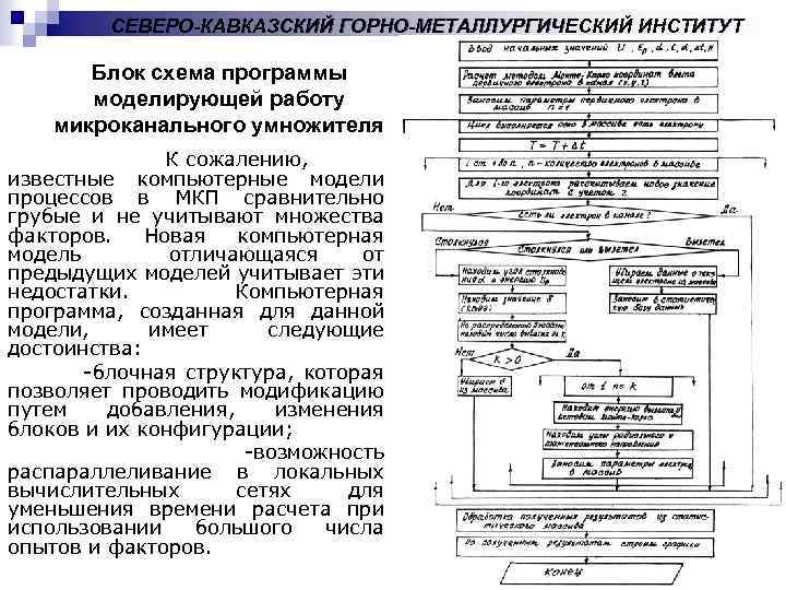 СЕВЕРО-КАВКАЗСКИЙ ГОРНО-МЕТАЛЛУРГИЧЕСКИЙ ИНСТИТУТ Блок схема программы моделирующей работу микроканального умножителя К сожалению, известные компьютерные