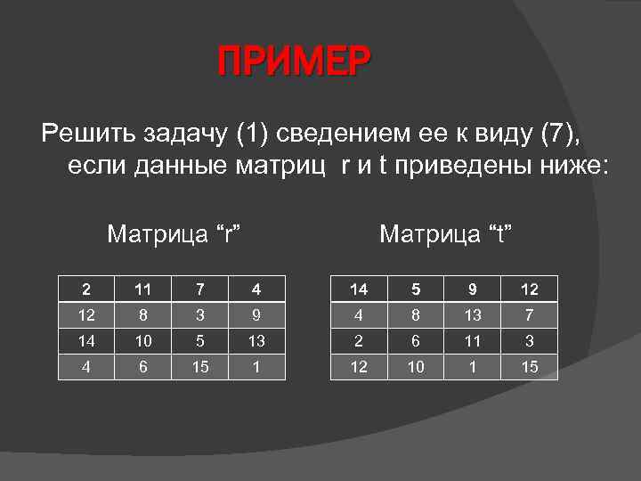 ПРИМЕР Решить задачу (1) сведением ее к виду (7), если данные матриц r и