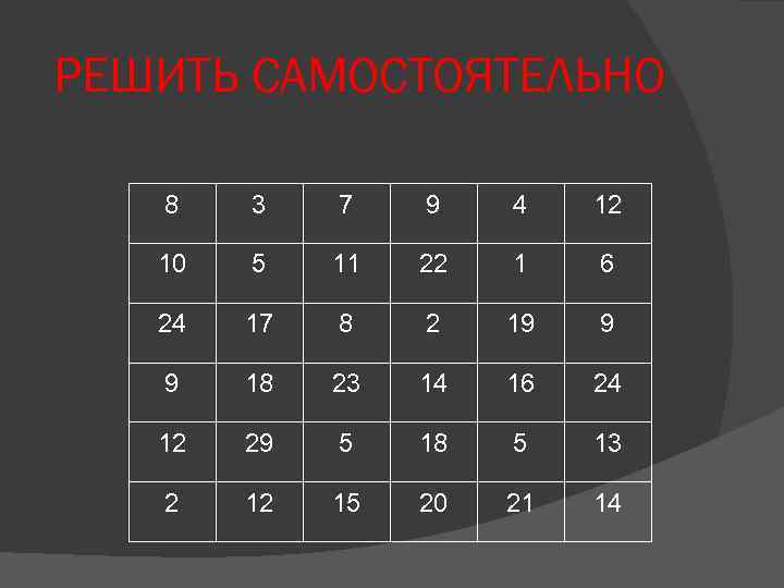 РЕШИТЬ САМОСТОЯТЕЛЬНО 8 3 7 9 4 12 10 5 11 22 1 6