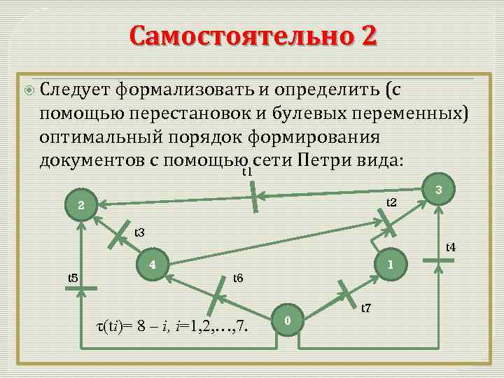 Самостоятельно 2 Следует формализовать и определить (с помощью перестановок и булевых переменных) оптимальный порядок