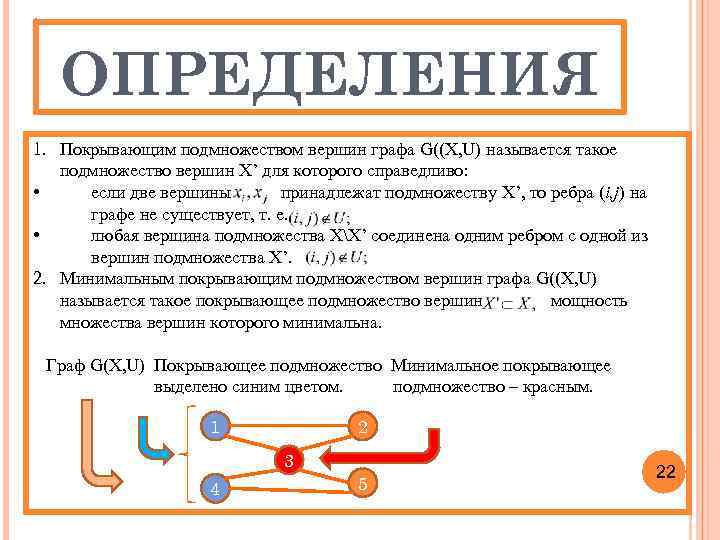 ОПРЕДЕЛЕНИЯ 1. Покрывающим подмножеством вершин графа G((X, U) называется такое подмножество вершин X’ для