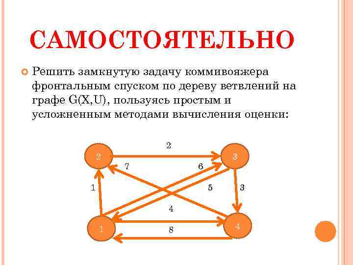 САМОСТОЯТЕЛЬНО Решить замкнутую задачу коммивояжера фронтальным спуском по дереву ветвлений на графе G(X, U),