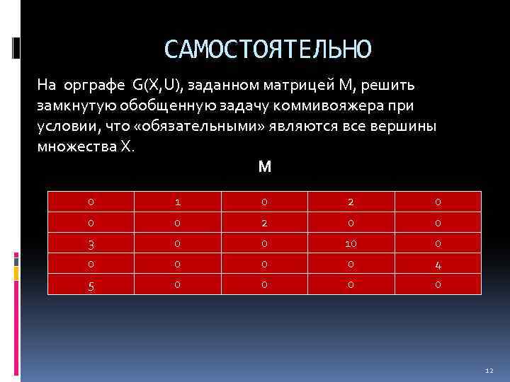 САМОСТОЯТЕЛЬНО На орграфе G(X, U), заданном матрицей М, решить замкнутую обобщенную задачу коммивояжера при