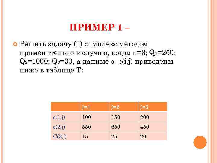ПРИМЕР 1 – Решить задачу (1) симплекс методом применительно к случаю, когда n=3; Q